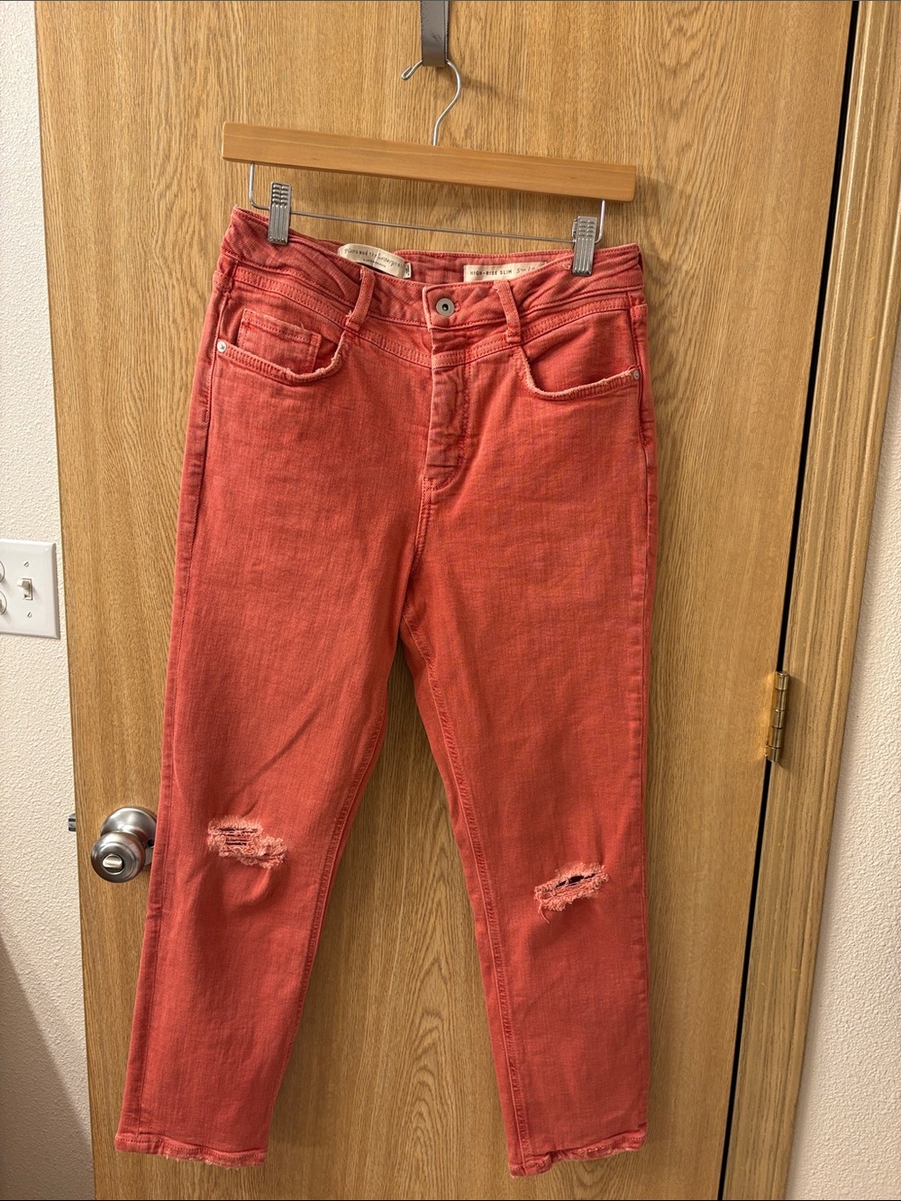 Pilcro and the Letterpress Coral Red Distressed Ankle Jeans